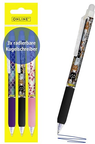 Online magiXX, 3x Radierstift Girls I Gelschreiber blau radierbar mit 0,7mm Strichstärke I Tintenroller zum Schreibenlernen, Büro I Erasable Pen Set I Radierbarer Kugelschreiber Schüler