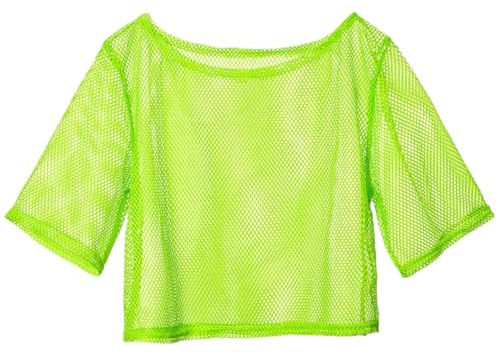 Shijuuke Haut en Résille Fluo Court | T-Shirt Décontracté Néon à Épaules Dénudées pour Femmes, Manches Courtes, Transparent, Années 80, Vert Fluorescent, XL