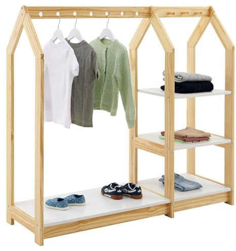 IDIMEX Kinder Kleiderständer Sally, Natur/weiß - Kinderzimmer Schrank Hausform, offener Kleiderschrank nach Montessori aus Kiefer mit 7 Löchern für Kleiderbügel, 4 Ablageböden, Garderobenständer