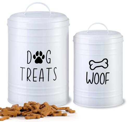 NIXBYO Hundeleckerli-Behälter, Leckerli-Behälter mit luftdichtem Deckel 2 Stück - 9x5.5'' & 7x4'' Metall-Hundekeksdose für Landhaus Küche Tresen, Hundesnack-Aufbewahrungsbox (Weiß)