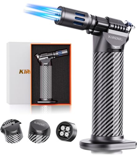 Quad Torch Lighter, with Adjustable Flame & Continuous Flame Lock, Butane Torch for Kitchen Cooking, Refillable Windproof Blow Torch Lighter for BBQ, Creme Brulee, Baking, Outdoors, Chef Tool, Gifts