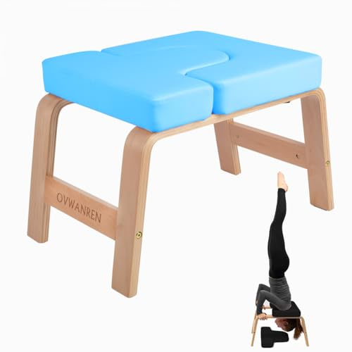 ovwanren Yoga Headstand Bench- Stand Yoga Chair for Family, Gym - Wood and PU Pads - Relieve Fatigue and Build Up Body (blue)