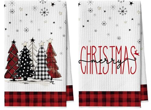 Artoid Mode Red Buffalo Plaid Snowflake Trees Merry Christmas Kitchen Towels Dish Towels, 42x65 cm Microfiber Cloth Kitchen Drying Decoration Set of 2