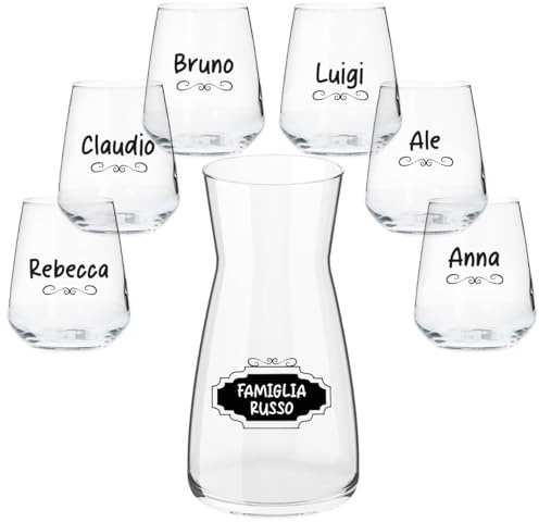 Generico Set Caraffa e 6 Bicchieri Personalizzati con Cognome Famiglia e Nomi Adatti ad Acqua Vino Birra Tutte le Bevande Idea Regalo Casa Cena Pranzo Feste Famiglia Natale Compleanno Decorazioni
