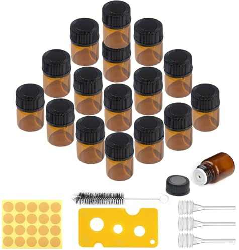Amazleer Lot de 100 mini bouteilles en verre ambré de 1 ml avec compte-gouttes, brosse de nettoyage, coupe-perles et autocollants – Mini bouteilles vides en verre marron pour huile essentielle, spa,