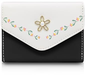 AdiStylinno Geldbörse Damen, Nette Blumen Print Leder Kleiner Geldbeutel Damen Kompakte Bifold Portemonnaie Mode Slim Wallet Frauen Portmonee mit ID Fenster und Mehreren Kartenfächer (Schwarz)