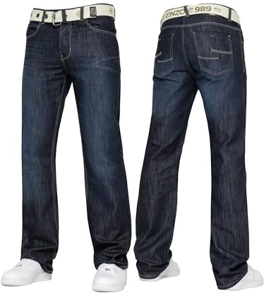 989Zé ENZO Mens Denim Straight Leg Jeans Trousers Regular Fit Stylish Fashion All Waist Sizes Free Belt