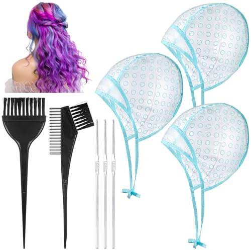 Oruola Set di 3 cappucci per capelli, con 3 ganci in metallo e 2 pettini e spazzole per tinture per capelli, per parrucchieri e tinture fai da te, colore blu