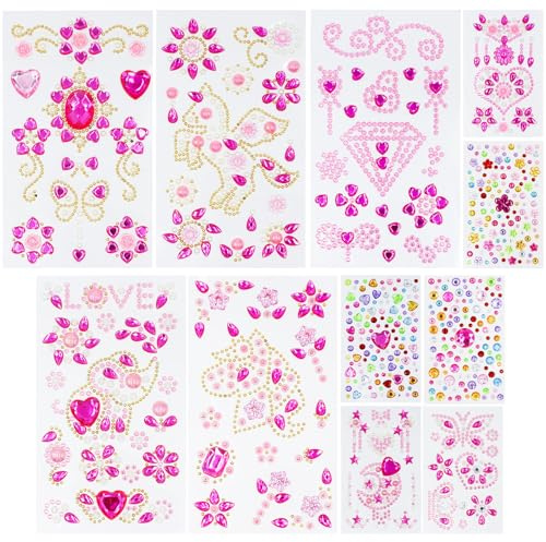 Sheryl&Rain glitterstenar självhäftande, 11 ark strasstenar självhäftande, akryl färgglada självhäftande, glitterstenar för pyssel, klistermärken enhörning glitter olika former, storlekar