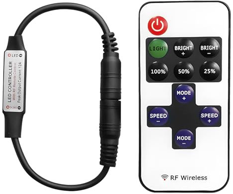 RF Wireless Remote Control 11-Key Mini Wireless Remote Controller for Single Color 3528 5050 LED Strip Lights, Wireless Remote Control with DC Connector, RF Dimmer for 12V DC LED Ribbon, Shelf Lights