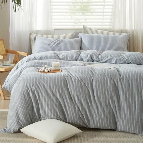 LIFETOWN Striped Duvet Cover Set 100% Jersey Knit Cotton T-Shirt Feel Ultra Soft Wrinkle-Free (Heathered Light Grey White Stripes, Queen)