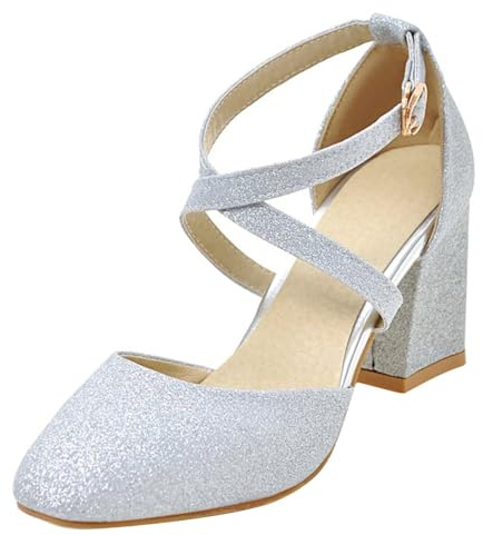 HSyc JRX dam glitterpumps med ankelrem och 7 cm blockklack höga klackar remmar skor, silver, 35 EU