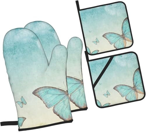 4 Pezzi Forno E Presine Guanti Vintage Butterfly Pastel Blue Guanti Da Forno Antiscivolo Divertenti Guanti Da Cucina Per Grigliare, Cucina, Cottura Al Forno