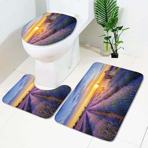 Bad Teppiche Set Lila Lavendel Badezimmerteppich Waschbar WC Vorleger mit Ausschnitt und WC Deckelbezug 3 Teilig Badematte rutschfest Toilettensitzbezug Badgarnitur 50x80 cm
