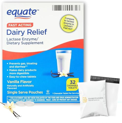 Dairy Pills for Lactose Intolerance - Equate Fast Acting Relief Vanilla Flavor, 32 chewable Tablets, Lactaid Chewables, Lactase Enzyme (Pack of 1), Set with Basket Goods Store