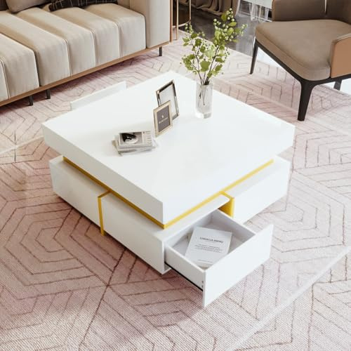 PUGSDRLY Table Basse carrée avec 2 Tiroirs de Rangement,Table Basse Salon Brillante avec Accents dorés,70x70x35.5cm (Blanc)