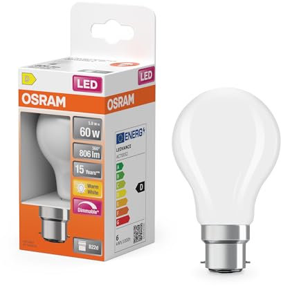 Osram Lampe LED Superstar forme d'ampoule A60 filament dimmable, 2700 K blanc chaud, 5,9 W, B22d, dépolie, 806 lm, pour plafonniers et lampadaires, 15 000 h