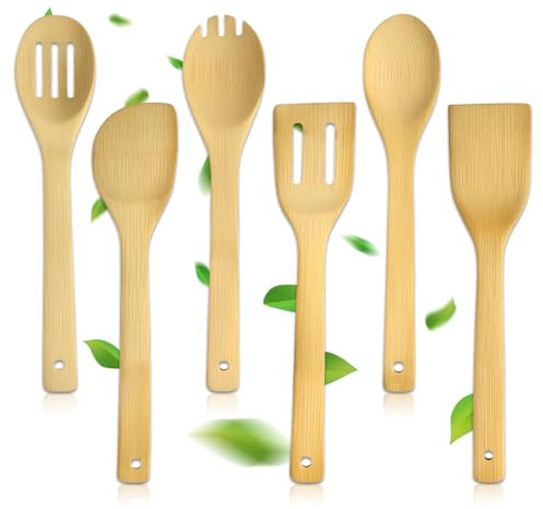 AMFUN 6 Pcs Wooden Utensil Set,Wooden Spoon Cooking Utensils Set for Cooking, Baking,Premium Long Wood Spatulas,Non-Scratch, Heat Resistant,Slotted Wood Bamboo Spoons