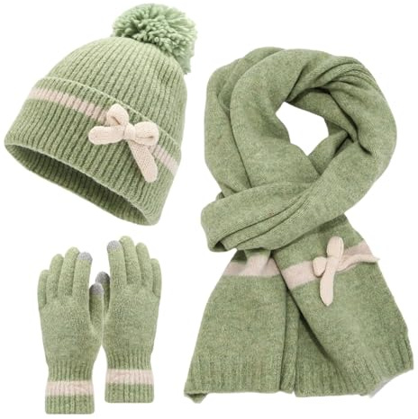 Generic Women's Hat Bobble Cashmere Women's Hat, Scarf, Gloves, Bow, Three-Piece, Sweet, Fashionable, Cold, Warm, Hat, Peeler Set, Green, One size