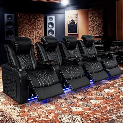 HKUVUKH Luxury Theater Sofa with Electric Headrest Power Leg Rest Storage Armrest Removable Table, Italian Leather (Black, Row of 4)