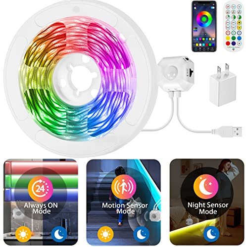 Taormey 3m RGB LED Streifen PIR Sensor 3 Modi App/RF Dimmbar | 5V USB, LED Streifen Bewegungsmelder für Treppen, Flure, Unter Bett, Hinter TV