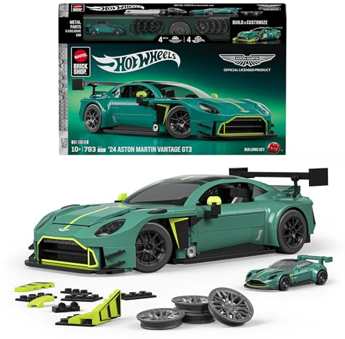 Mattel Brick Shop Hot Wheels ’24 Aston Martin Vantage GT3 Building Set | 793 Pieces, Realistic Details, Custom Decals, 1:64 Scale Metal Car, Gift Idea Adult Collectors and Kids Ages 10+