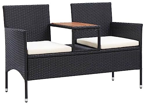 Frdhee Panca da giardino, da giardino, per sala da pranzo, 2 posti, con tavolo da tè, 143 cm, in polyrattan, nero, per terrazze, balconi, esterni, resistente alle intemperie