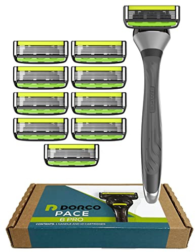 Dorco Pace 6 Pro - Six Blade Razor System with Trimmer - 10 Pack (1 Handle + 10 Cartridges)