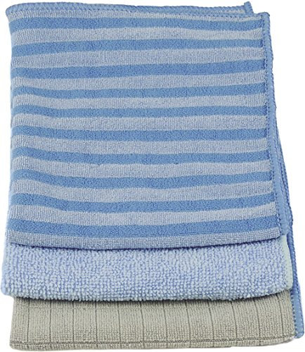 Unger Lot de 3 Chiffons Tout Usage, en Microfibre, Bleu/Rayures Bleues/Beige, 30,5 x 30,5 cm