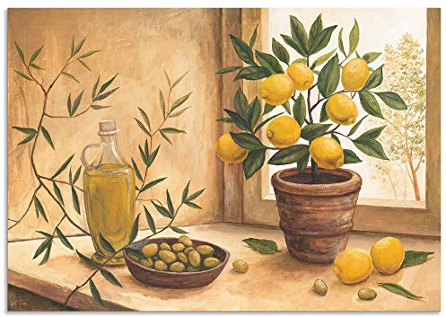 ARTLAND Wanddeko Wandbild Alu Verbundplatte für Innen & Outdoor Bild Stillleben Toskana Mediterran Oliven Zitrone Essen Lebensmittel Malerei T4HV