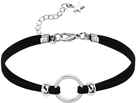 Epinki Damen Choker (Verstellbar), Doppel Halskette Gliederkette Samt O-Ring Form Anhänger Gothic Halsband Silber Schwarz mit Zirkonia, 30+8 cm