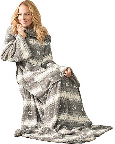 CelinaTex Decke mit Ärmeln und Fußtasche Flauschige Kuscheldecke XL 170 x 200 cm grau und Creme weiß Mikrofaser Fleece Oeko-TEX Schneestern