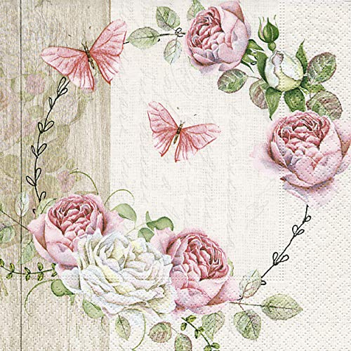 20 Servietten Schmetterlinge und Rosen pink Blumen Butterflys Sommer
