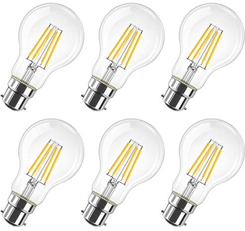 LVWIT B22 LED Filament Bayonet Bulb, 6.5W GLS Energy Saving Bulbs, Retro Glass A60 LED Bulbs,60W Equivalent, 806Lm, 2700K Warm White A60 Clear Filament Bayonet Cap,Non-dimmable (6 PCS)