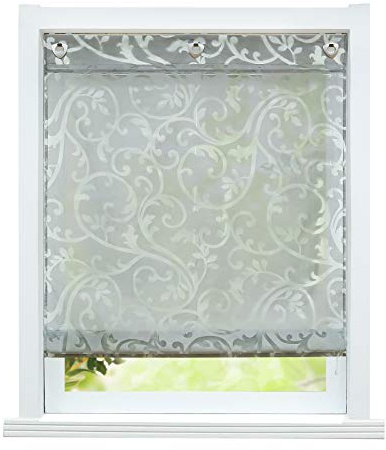 ESLIR Raffrollo ohne Bohren Raffgardine mit Ösen Gardinen Küche mit U-Haken Ösenrollo Halbtransparent Modern Grau BxH 60x140cm 1 Stück