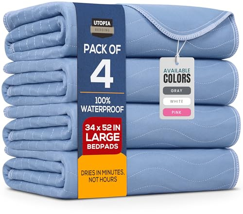 Utopia Bedding Washable Underpads 34 x 52 (Pack of 4), Waterproof Reusable Heavy Absorbency Incontinence Bed Pads for Adults, Kids, Elderly and Pets, Bedwetting Pads for Sofa and Couch (Blue)