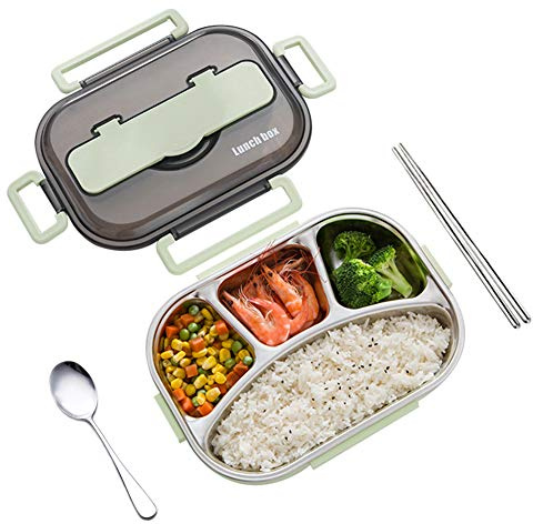amropi Acero Inoxidable Fiambrera Contenedores de Alimentos Apta para lavavajillas Bento de Comida Caja de Almuerzo con Cuchara(Verde,4 Compartimentos)