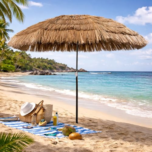 Mojawo Hawaii Strandschirm Sonnenschirm Strand Schirm Sonnenschutz Gartenschirm Bastschirm Sonnenschutz knickbar Polyester Braun Ø1,6m