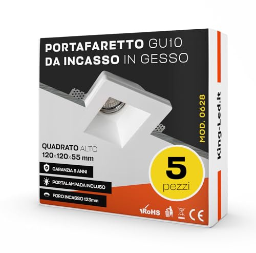 Kingled Confezione da 5pz di Portafaretti in Gesso Ceramico Modello Quadrato Semplice con Attacco GU10, Faretti in Gesso da Incasso per Cartongesso, Cornici in Gesso Verniciabile