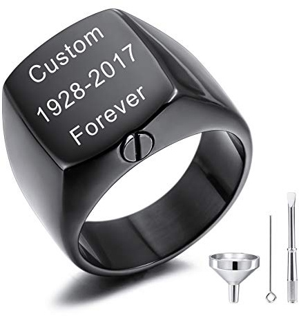 MeMeDIY Personalisierte Urne Ring Siegelring für Frauen Männer Gravur Bild/Text Angepasst Foto Gedenktaschenhalter aus Edelstahl Souvenir mit Trichterbausatz Ringgrößeneinsteller