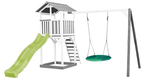 AXI Beach Tower Spielturm aus Holz in Weiß & Grau | Spielhaus für Kinder mit hellgrüner Rutsche, Nestschaukel und Sandkasten | Stelzenhaus für den Garten