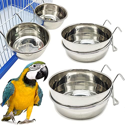 2 x mangiatoia per bevitore per gabbia di pappagallo in acciaio inox con gancio contenitore per alimenti 4 dimensioni ciotola per cibo ciondolo per uccelli pappagallo animale piccolo cane BPS-11130*2