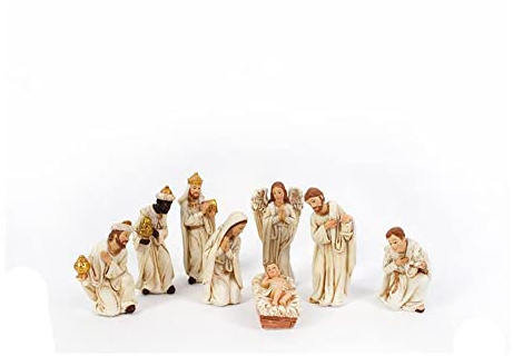 Aurora Store Set Natività 8 Soggetti in Ceramica Bianca Colori Chiari BIANCO ORO da h. 8 cm Personaggi Presepe Statuine Idea Regalo Sacra Famiglia