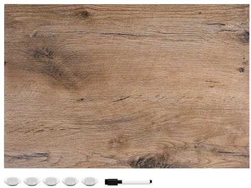 Navaris Magnetic Dry Erase Board - 16 x 24 inches Decorative White Board for Wall with Design, Includes 5 Magnets and Marker - Dark Wood