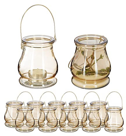 Relaxdays Windlicht, 12er Set, aus Glas, Henkel zum Aufhängen, innen & außen, Teelichthalter, HxD: 10 x 8,5 cm, Gold