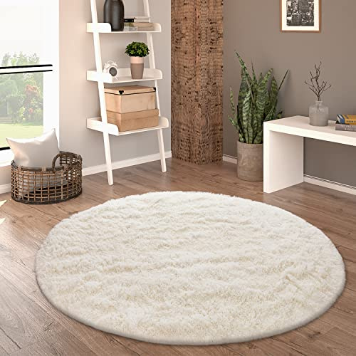 Paco Home Hochflor Teppich Rund Wohnzimmer Schlafzimmer rutschfest Shaggy Modern Flauschig Einfarbig Langflor Kunstfell, Grösse:120 cm Rund, Farbe:Ivory (Creme)