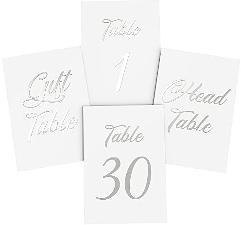 32 Stück Tischnummern Silber 1-30 - DIN A6 10x15 cm - Tischkarten Hochzeit - Echte Silberfolie Zahlen - Hochzeitstischnummern Pappe - Head Gift Table - Silberne Tisch Nummerierung - Silberhochzeit