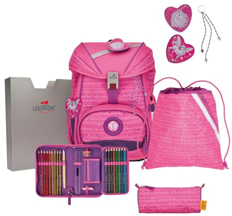 DEN Lätt skolryggsäck, ErgoFlex Pretty Unicorn set 5 delar, ca 22 l volym, ca 800 g vikt, Fin enhörning, Ryggsäck