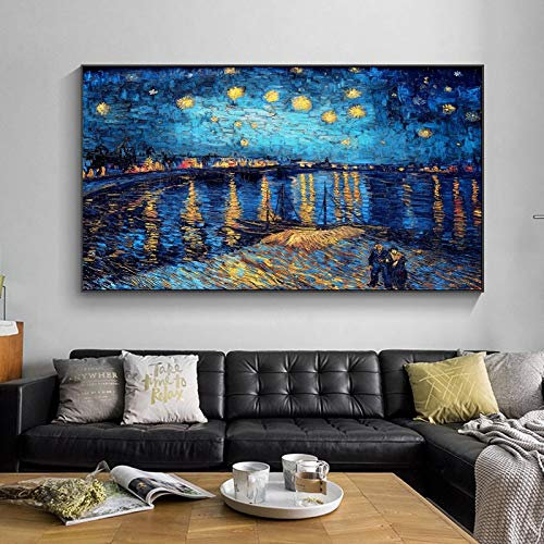 HYFBH Van Gogh Bilder mit schwarzem Rahmen – Sternennacht auf der Rhone Berühmter impressionistischer Künstler Gemälde auf Leinwand für Wohnzimmer 100 x 200 cm (39 x 79in) mit schwarzem Rahmen
