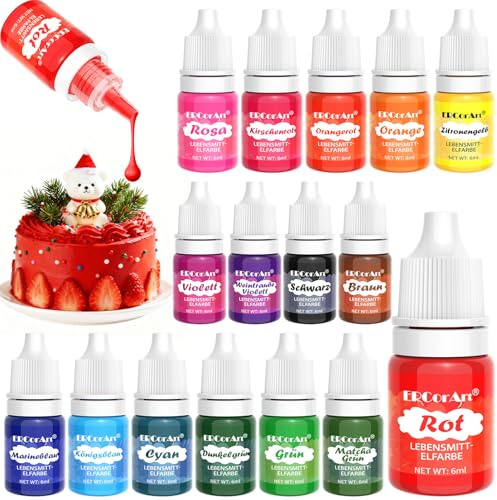 Lebensmittelfarbe - 16 Farben Lebensmittel Farben Set, Hoch Konzentriert Lebensmittelfarbe Flüssig für Kuchen Backen, Getränken, Slime, DIY Seifen, Airbrush, Fondant, Macaron- 6 ml